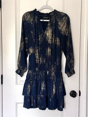 fab'rik Navy Dress with Gold Metallic Splatter Long Sleeve Tiered Skirt